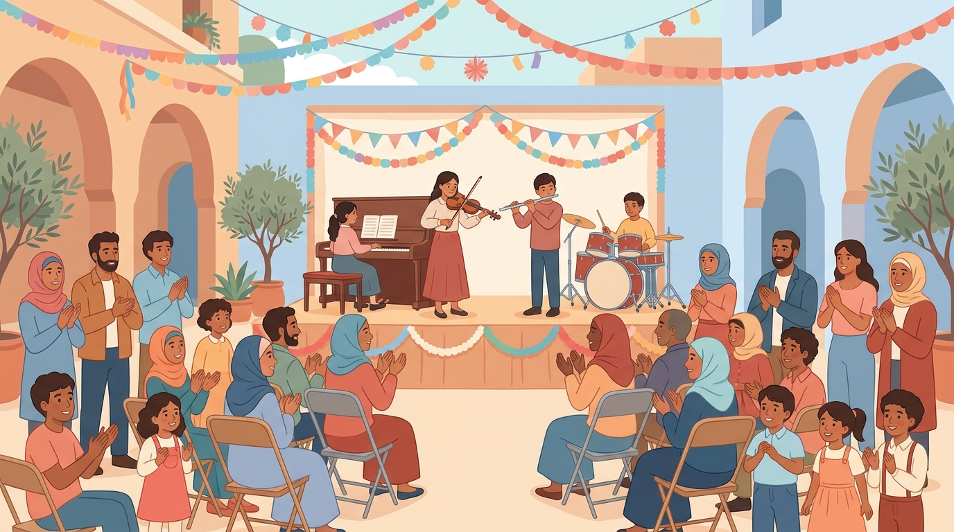 L'orchestre de l'école joue sur scène pour les familles : piano, batterie, violon, flûte